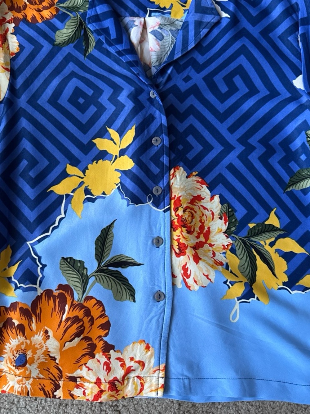 Anthropologie Blue Floral Short-Sleeve Button-Front Shirt - Picture 3 of 4